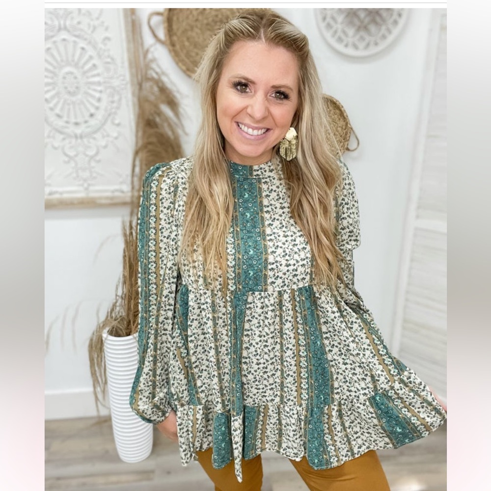 Ott size small green gold floral print blouse balloon sleeve babydoll top